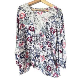 Bohemia Embroidered bloused tied long sleeve vintage women top floral size XL